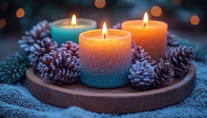 Three lit candles on a wooden tray with pine cones. This image can be used for Christmas, winter or holiday themes.