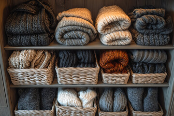 Organized winter wardrobe with neatly folded sweaters, scarves, and coats, featuring storage boxes and hangers, showcasing a cozy and practical closet setup for winter clothing care.
