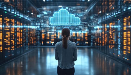 Woman looking at digital cloud symbol. This image depicts a person standing in front of a server room with a digital cloud symbol hovering above them.