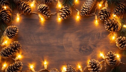 Golden garland lights and pine cones arranged on a rustic wooden background, creating a warm holiday greeting