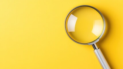 A magnifying glass resting on a bright yellow background.
