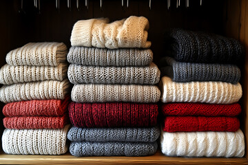 Organized winter wardrobe with neatly folded sweaters, scarves, and coats, featuring storage boxes and hangers, showcasing a cozy and practical closet setup for winter clothing care.
