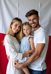 Obraz premium Smiling family posing together in front of a Polish flag. Mother, father and daughter smiling together at Poland Independence Day.
