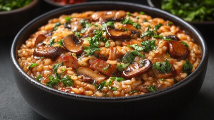 Mushroom risotto with fresh herbs top view. Generative AI