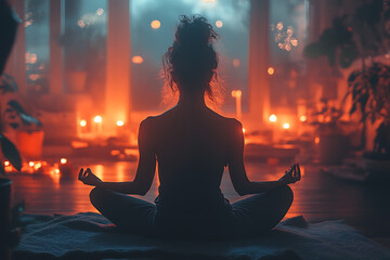 Person meditating in a peaceful home setting with cozy blankets and soft lighting, focusing on mental health, relaxation, and self-care in a serene atmosphere.

