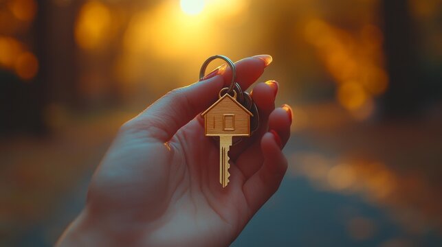 Female Hand Holding Key with House-Shaped Keychain. Generative AI