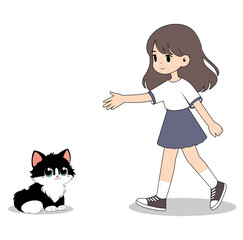 Cartoon Girl Playing With A Cat Vector Illustration