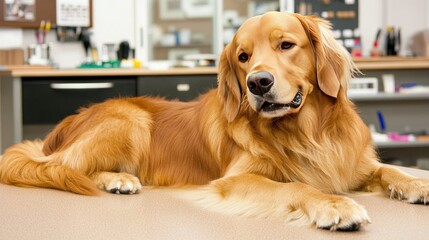 Professional groomer working with clippers on a dog's coat, with a clean salon setup and colorful grooming tools in the background