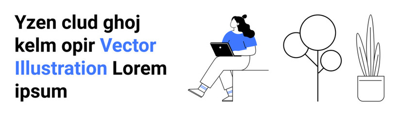 Woman sitting with laptop, minimalist tree and potted plant. Ideal for tech themes, modern designs, work-from-home, freelancing, blogs, education, online presence. Landing page