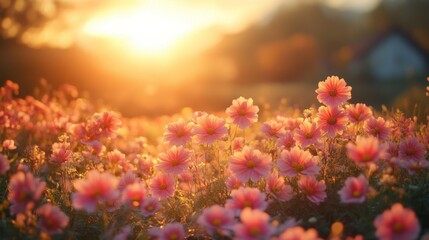 Fototapeta premium Sunlit Meadow of Pink Wildflowers. Generative AI