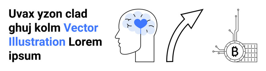 Head with heart inside brain, upward arrow, and Bitcoin connected to a circuit. Ideal for technology, cryptocurrency, artificial intelligence, digital growth, mental health, fintech, education