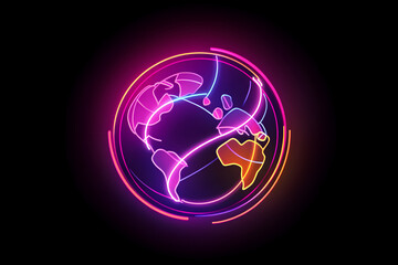 A futuristic neon globe outline surrounded by interconnected lines representing worldwide alliances on a stark black background --3:2 aspect ratio --size 50.