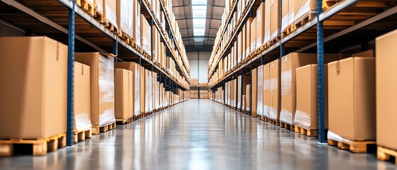 Fototapeta premium Wideangle view of warehouse aisles, systematic arrangement, seamless operation