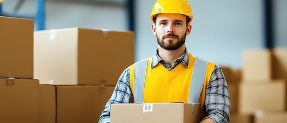 Warehouse worker organizing boxes by category, neat and systematic inventory