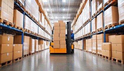 Fototapeta premium Warehouse with forklift operator stacking boxes, efficient workflow, busy setting