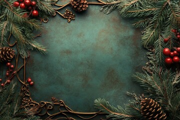 A festive Christmas letter or menu frame adorned with evergreen branches, pinecones, and red berries, perfect for holiday celebrations