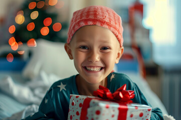 Child with Cancer at Christmas Receiving Santa’s Gift in Hospital Room to Spread Holiday Cheer and Joyful Smiles