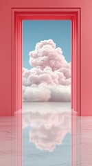 Pink Cloud Sky Through Red Doorway Minimalist Surreal Interior Design