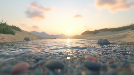 Obraz premium Tranquil Sunset River with Pebbles and Sandy Banks