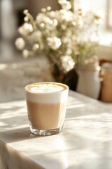 Coffee latte in a glass on a light background
