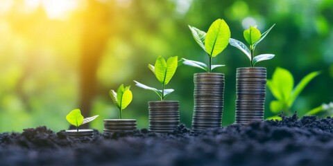 This image depicts growing plants emerging from stacks of coins, symbolizing financial growth and sustainability.