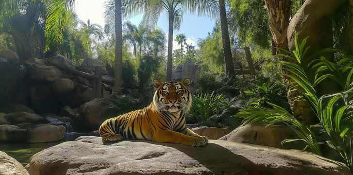 The tiger majestically reclines on a rocky perch in a verdant, tropical jungle. The serene backdrop features a cascading waterfall amidst lush greenery.