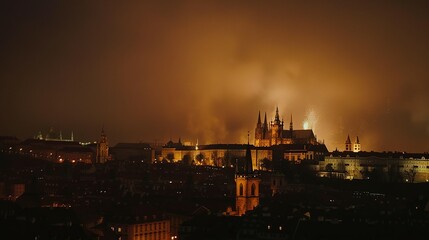Fototapeta premium Prague Castle and Fireworks Display Over the City at Night