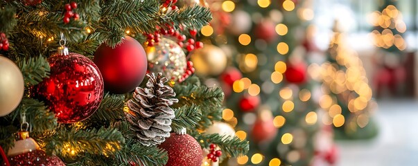 Fototapeta premium Traditional Christmas pine tree adorned with holiday decorations. Copy space for text. Decorative lights glowing on fir. background.