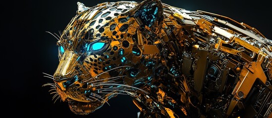 A robotic leopard head with glowing blue eyes and intricate details.