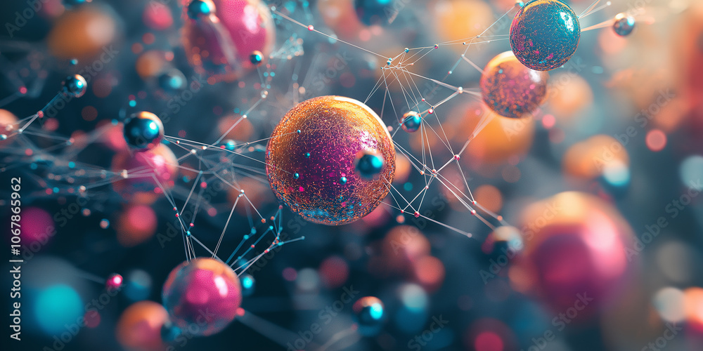 Poster Colorful spheres connected by network lines creating abstract structure