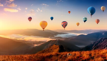 Obraz premium Colorful hot air balloons drift gracefully over a sun-kissed valley at sunrise, creating a magical and breathtaking spectacle.