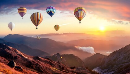 Fototapeta premium Colorful hot air balloons soar over the majestic mountains at sunset creating a vibrant landscape.