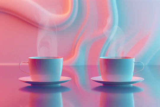 Two cups of coffee on table in creativity minimal art room interior design. Surreal Fantasy and dreamy.	
