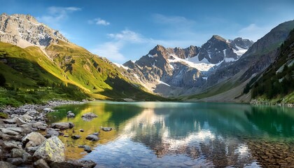 Fototapeta premium Colorful mountain peaks reflected in a serene alpine lake with a rocky shore and clear turquoise water.