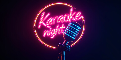 Karaoke night neon sign with vintage microphone invites singers for entertainment