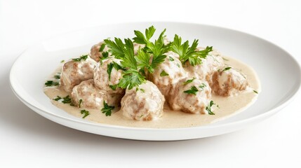 Beautifully Styled Swedish Meatballs on White Plate