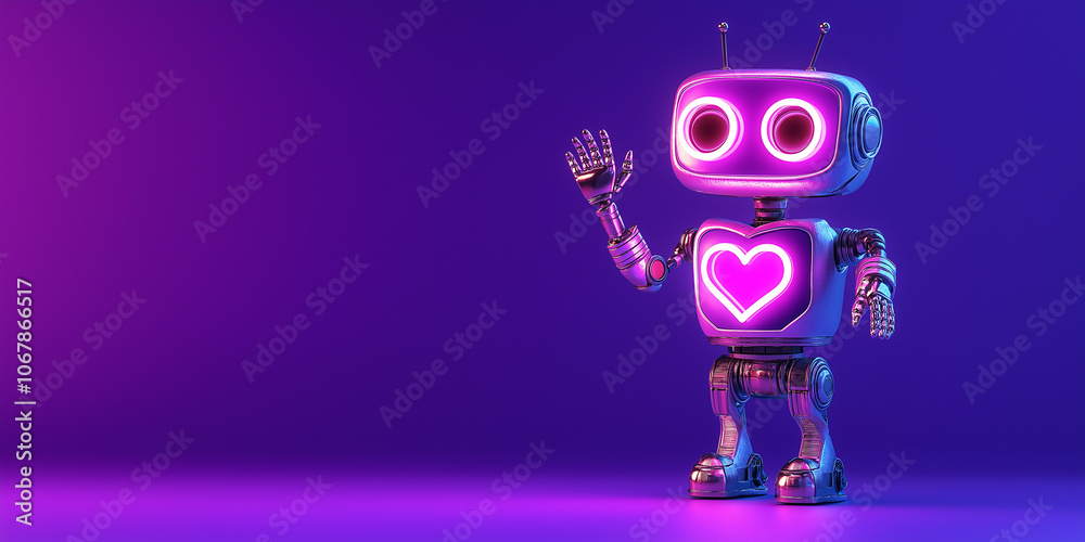 Aufkleber friendly robot waving with heart on chest showing love and affection in futuristic style