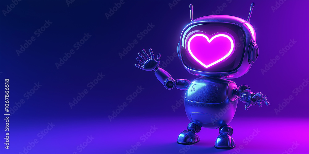 Aufkleber friendly robot showing love with neon heart on screen and waving hand