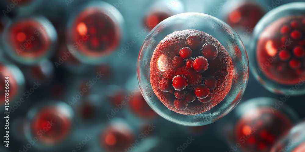 Poster living cells dividing and multiplying showing genetic material inside nucleus