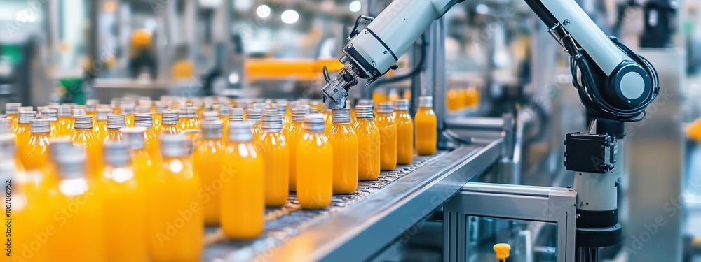 Poster robotic arm in action assembling orange juice bottles on a production line in a factory setting duri