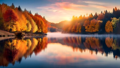 Vibrant autumn foliage reflects serenely on a misty lake at sunrise, creating a breathtaking tapestry of color and tranquility.