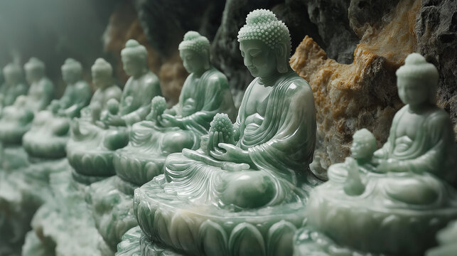 Row of jade buddha statues meditating in serene setting