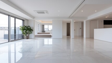 Modern Open Concept Living Room Interior Design with White Walls and Tile Flooring