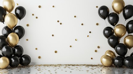 Naklejka premium Modern New Year's party setup with black and gold balloons