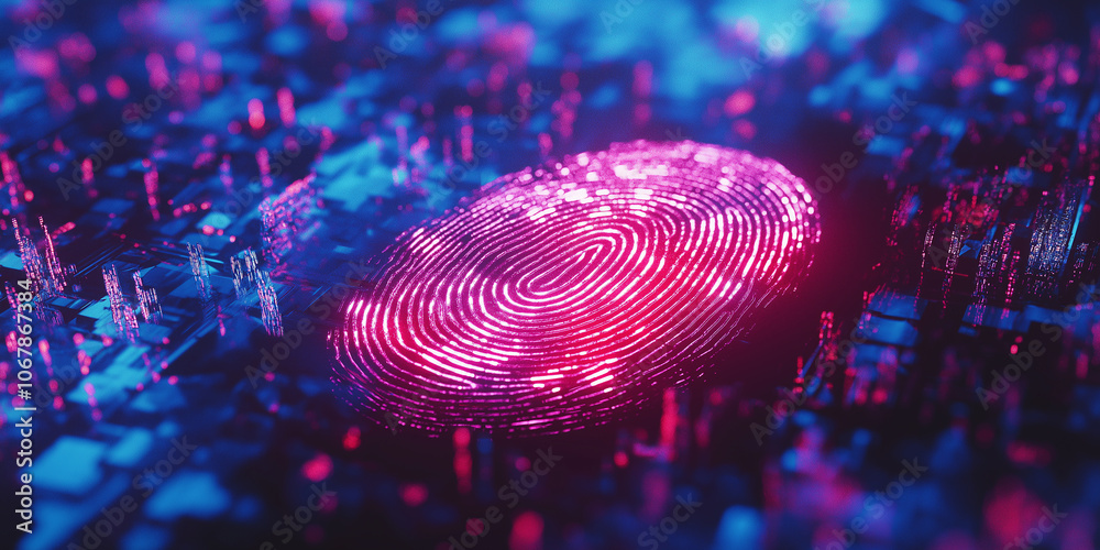 Poster Glowing fingerprint representing biometric security and digital identity verification on futuristic circuit board