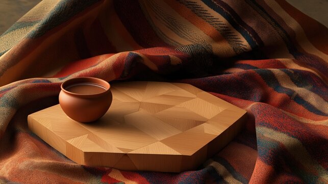 Geometric wooden platform with Rosca de Reyes and molinillo