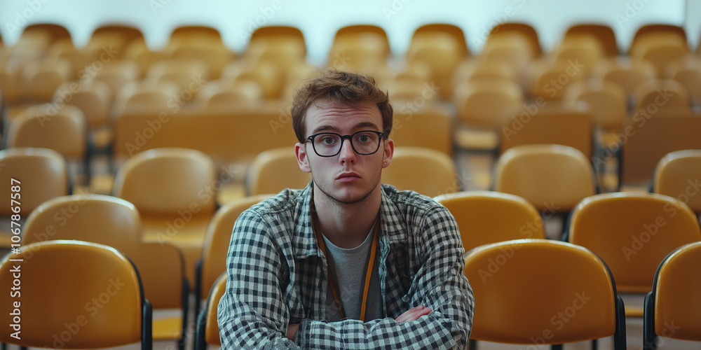 Poster Bored student sitting alone in lecture hall waiting for class to begin