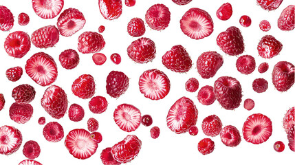 Falling fresh red raspberries fruit isolated on transparent background