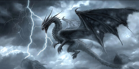 Black dragon flying in a storm with lightning and rain
