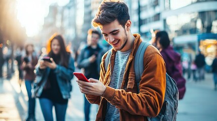 A young man smiles while using his smartphone in a bustling urban setting, surrounded by people engaged with their devices.